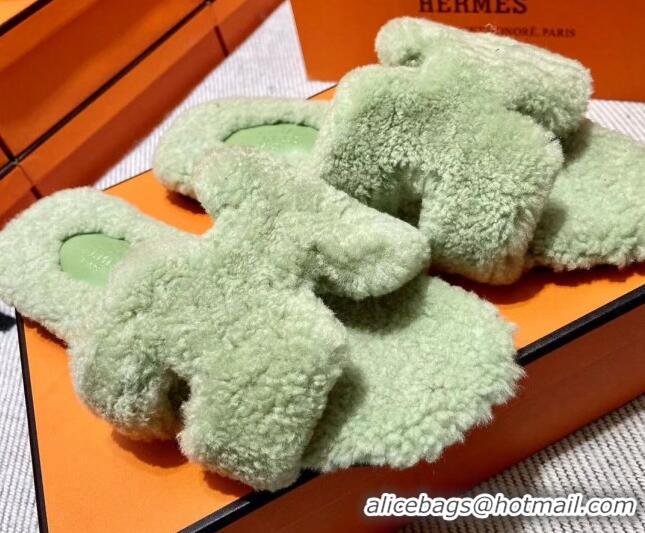 Popular Style Hermes Oran Shearling Wool Flat Slide Sandals Green 092188