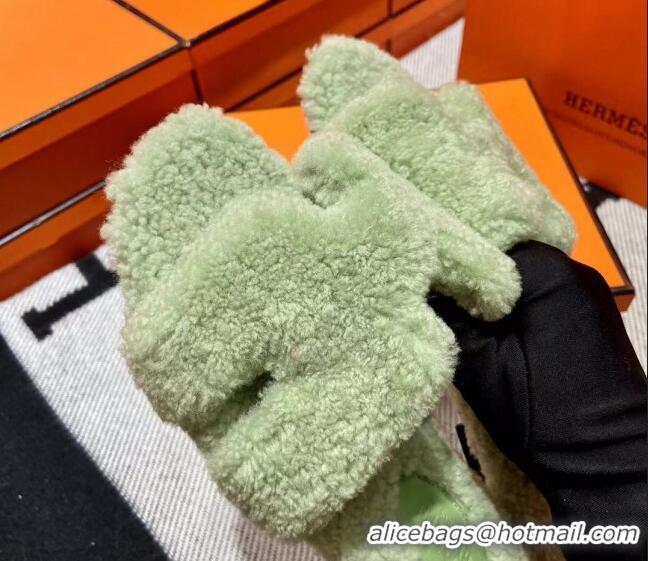 Popular Style Hermes Oran Shearling Wool Flat Slide Sandals Green 092188