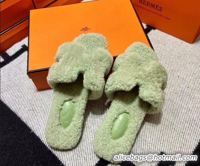 Popular Style Hermes Oran Shearling Wool Flat Slide Sandals Green 092188