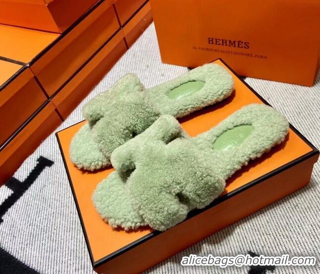 Popular Style Hermes Oran Shearling Wool Flat Slide Sandals Green 092188