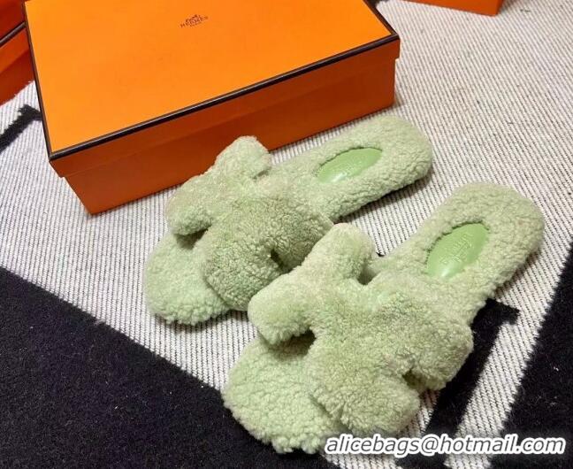 Popular Style Hermes Oran Shearling Wool Flat Slide Sandals Green 092188