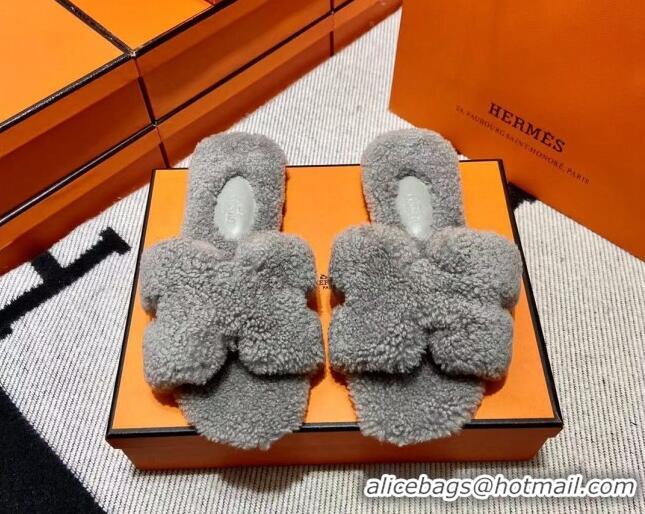 Top Design Hermes Oran Shearling Wool Flat Slide Sandals Grey 092189