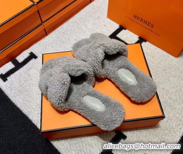 Top Design Hermes Oran Shearling Wool Flat Slide Sandals Grey 092189