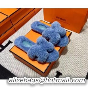 Good Product Hermes Oran Shearling Wool Flat Slide Sandals Blue 092190