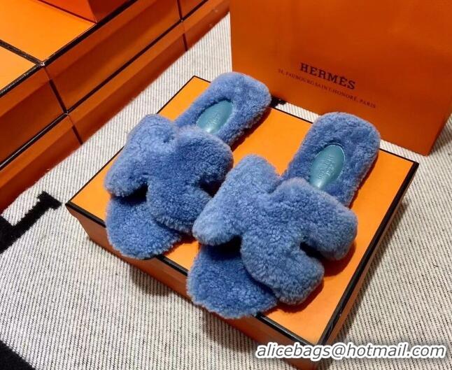 Good Product Hermes Oran Shearling Wool Flat Slide Sandals Blue 092190