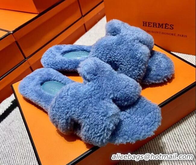 Good Product Hermes Oran Shearling Wool Flat Slide Sandals Blue 092190