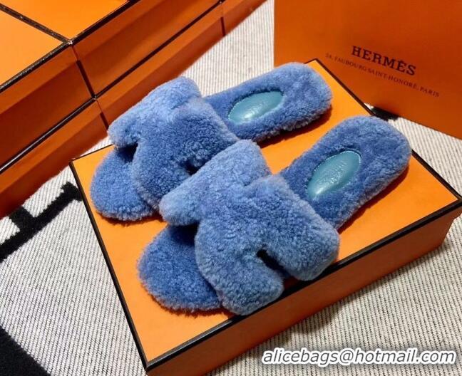 Good Product Hermes Oran Shearling Wool Flat Slide Sandals Blue 092190