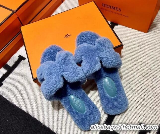 Good Product Hermes Oran Shearling Wool Flat Slide Sandals Blue 092190