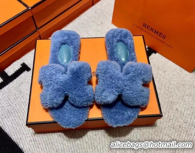 Good Product Hermes Oran Shearling Wool Flat Slide Sandals Blue 092190