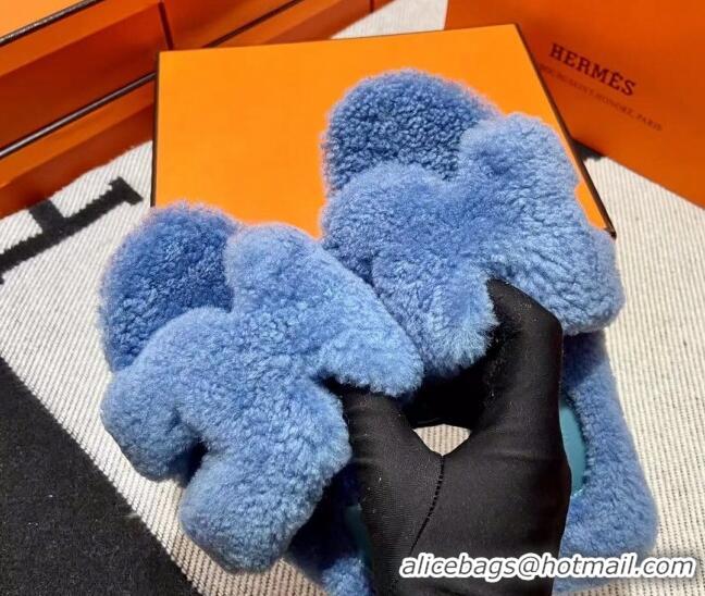 Good Product Hermes Oran Shearling Wool Flat Slide Sandals Blue 092190