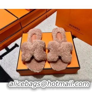 Cheap Price Hermes Oran Shearling Wool Flat Slide Sandals Nude 092191