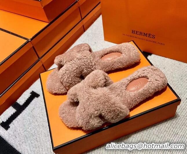 Cheap Price Hermes Oran Shearling Wool Flat Slide Sandals Nude 092191