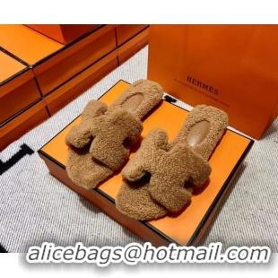 Discount Hermes Oran Shearling Wool Flat Slide Sandals Camel 092192