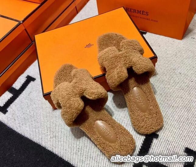 Discount Hermes Oran Shearling Wool Flat Slide Sandals Camel 092192