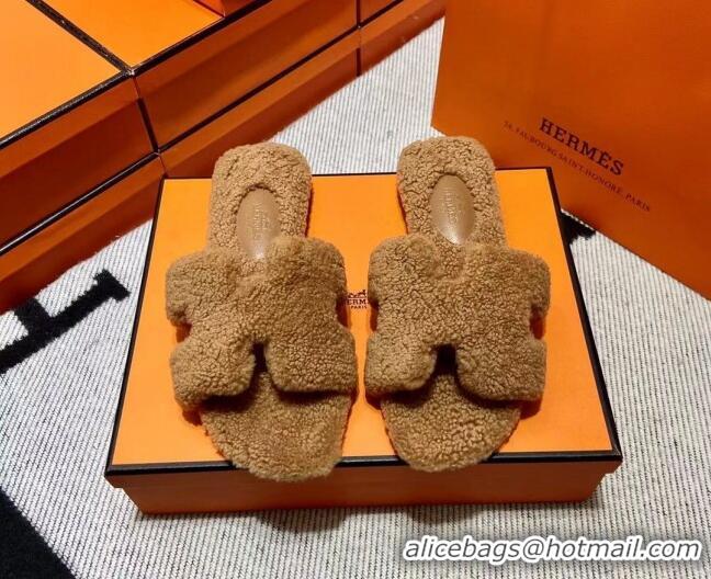 Discount Hermes Oran Shearling Wool Flat Slide Sandals Camel 092192