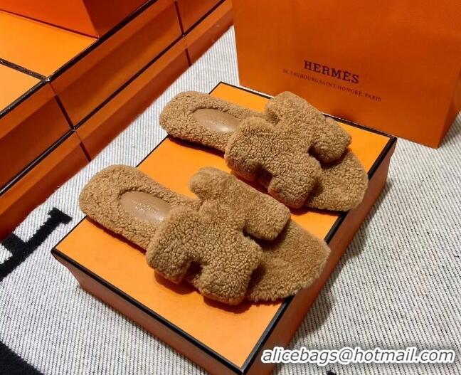 Discount Hermes Oran Shearling Wool Flat Slide Sandals Camel 092192