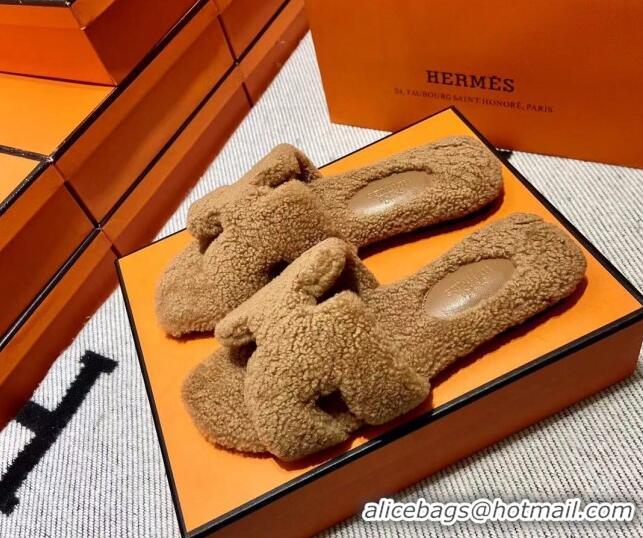 Discount Hermes Oran Shearling Wool Flat Slide Sandals Camel 092192