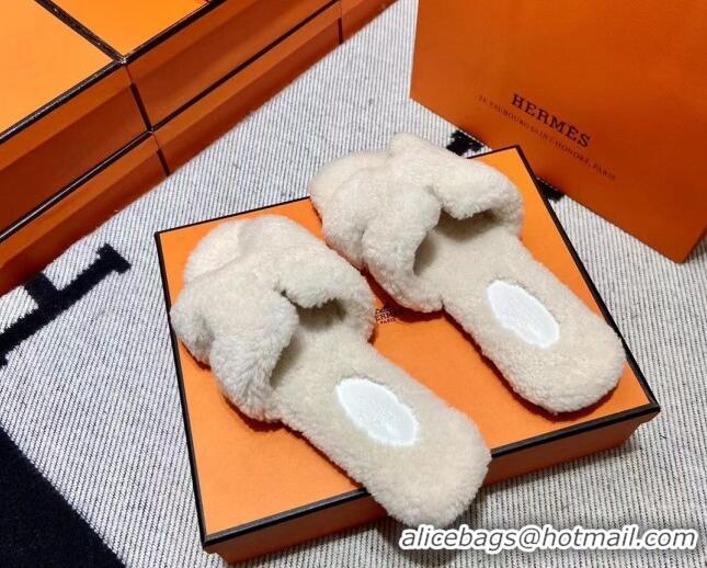 Duplicate Hermes Oran Shearling Wool Flat Slide Sandals White 092193