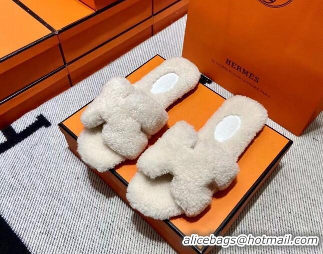 Duplicate Hermes Oran Shearling Wool Flat Slide Sandals White 092193