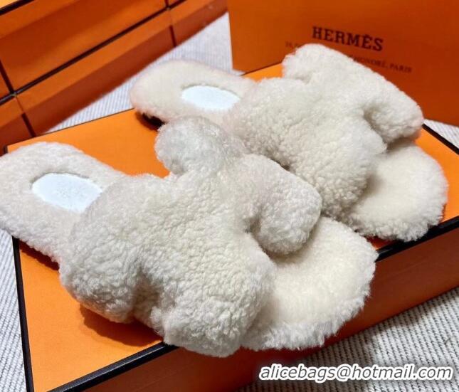 Duplicate Hermes Oran Shearling Wool Flat Slide Sandals White 092193