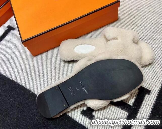 Duplicate Hermes Oran Shearling Wool Flat Slide Sandals White 092193