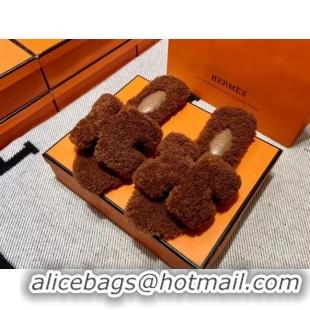 Shop Duplicate Hermes Oran Shearling Wool Flat Slide Sandals Brown 092194