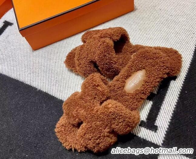 Shop Duplicate Hermes Oran Shearling Wool Flat Slide Sandals Brown 092194