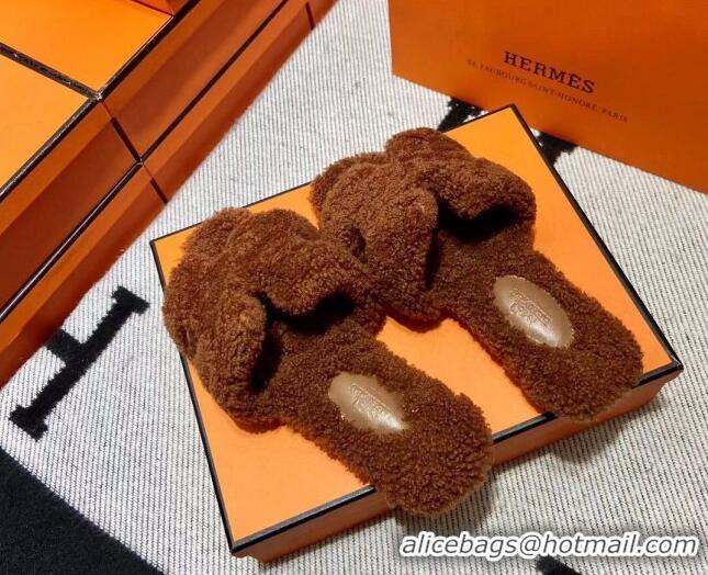 Shop Duplicate Hermes Oran Shearling Wool Flat Slide Sandals Brown 092194