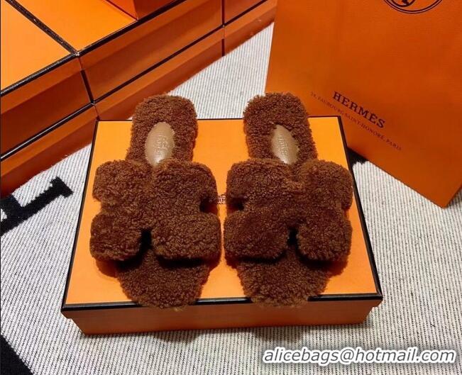 Shop Duplicate Hermes Oran Shearling Wool Flat Slide Sandals Brown 092194