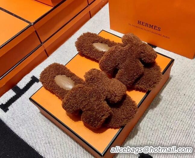 Shop Duplicate Hermes Oran Shearling Wool Flat Slide Sandals Brown 092194