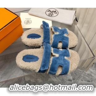 Sophisticated Hermes Chypre Shearling and Suede Flat Sandals Blue 092195