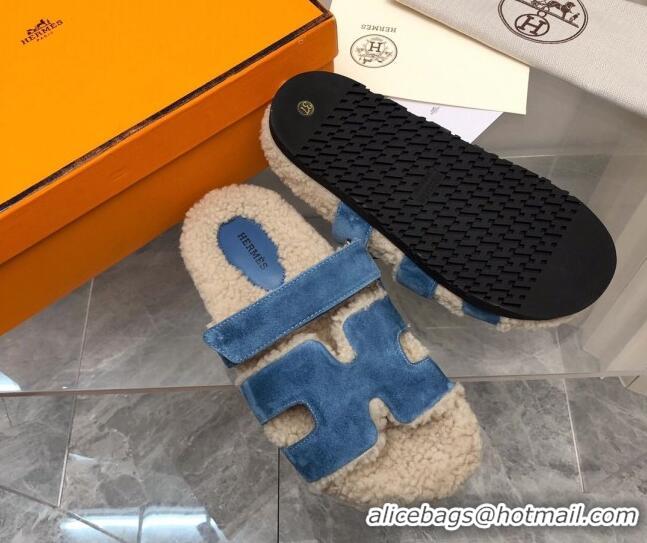 Sophisticated Hermes Chypre Shearling and Suede Flat Sandals Blue 092195