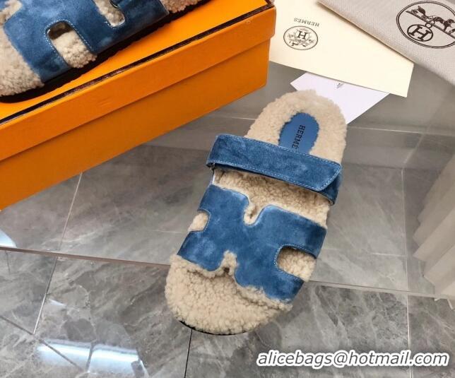 Sophisticated Hermes Chypre Shearling and Suede Flat Sandals Blue 092195