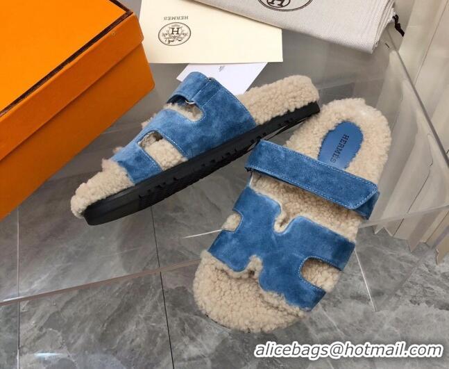 Sophisticated Hermes Chypre Shearling and Suede Flat Sandals Blue 092195