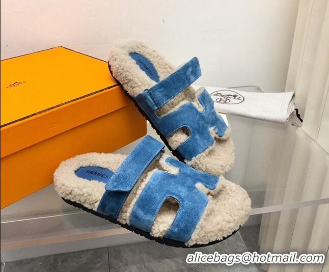 Sophisticated Hermes Chypre Shearling and Suede Flat Sandals Blue 092195