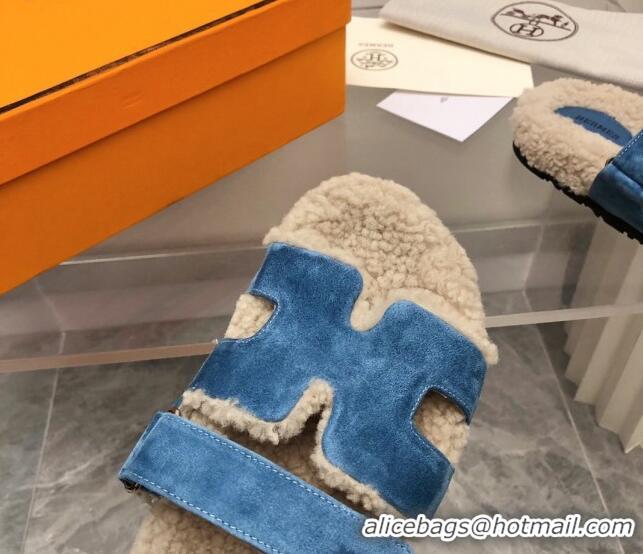 Sophisticated Hermes Chypre Shearling and Suede Flat Sandals Blue 092195