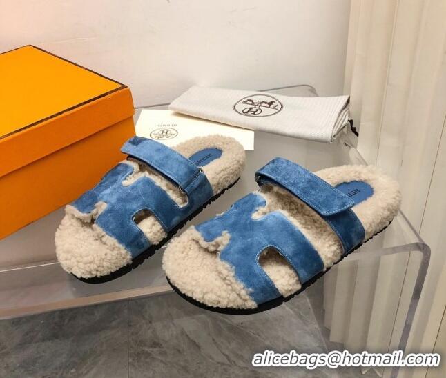 Sophisticated Hermes Chypre Shearling and Suede Flat Sandals Blue 092195