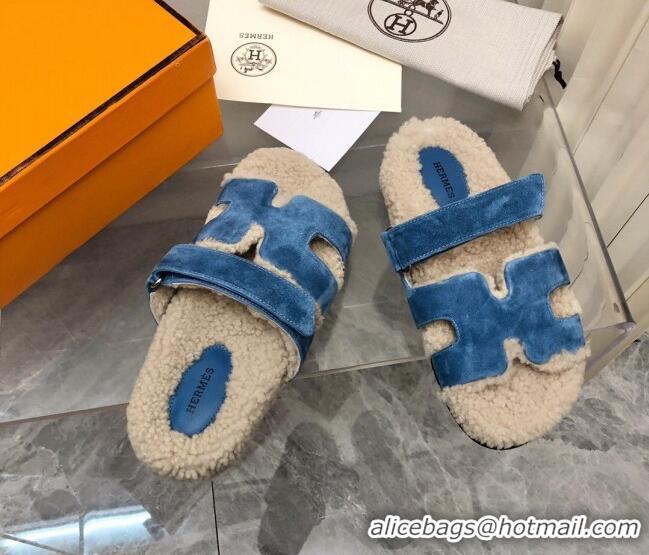 Sophisticated Hermes Chypre Shearling and Suede Flat Sandals Blue 092195