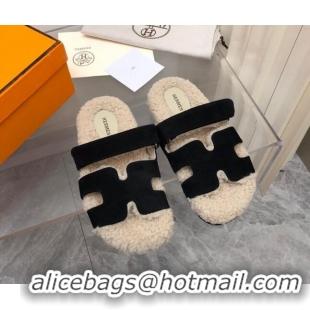 Sumptuous Hermes Chypre Shearling and Suede Flat Sandals Black 092196