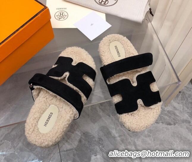 Sumptuous Hermes Chypre Shearling and Suede Flat Sandals Black 092196