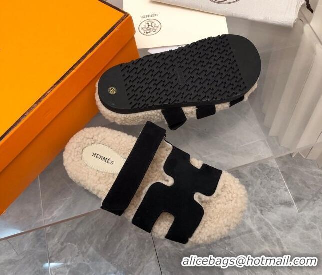 Sumptuous Hermes Chypre Shearling and Suede Flat Sandals Black 092196