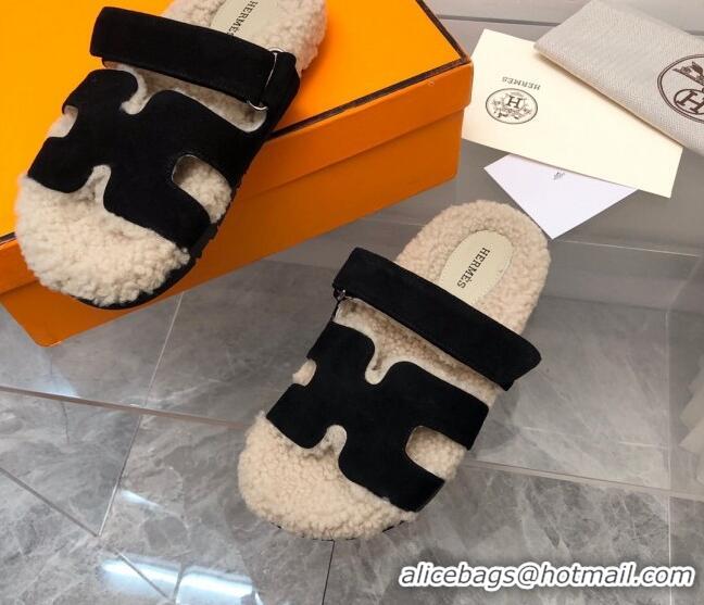 Sumptuous Hermes Chypre Shearling and Suede Flat Sandals Black 092196