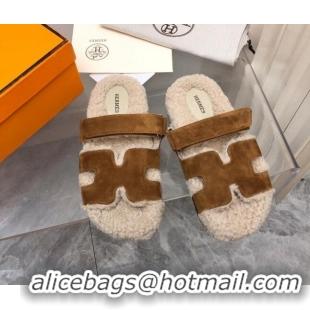 Good Quality Hermes Chypre Shearling and Suede Flat Sandals Brown 092197