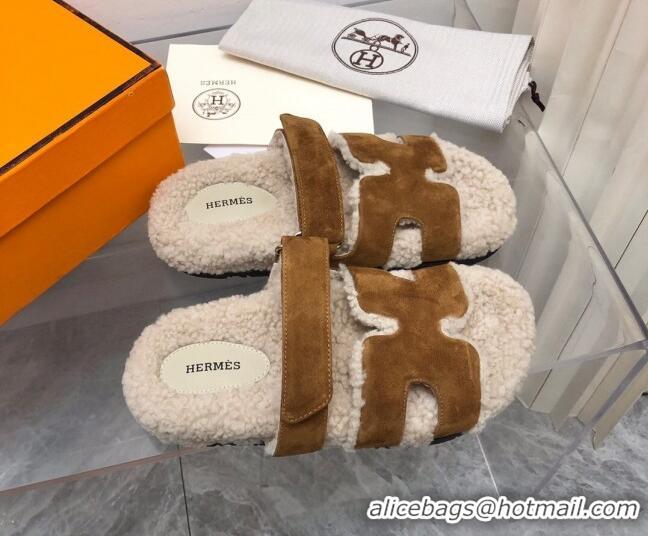 Good Quality Hermes Chypre Shearling and Suede Flat Sandals Brown 092197