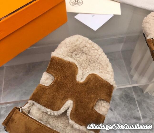 Good Quality Hermes Chypre Shearling and Suede Flat Sandals Brown 092197