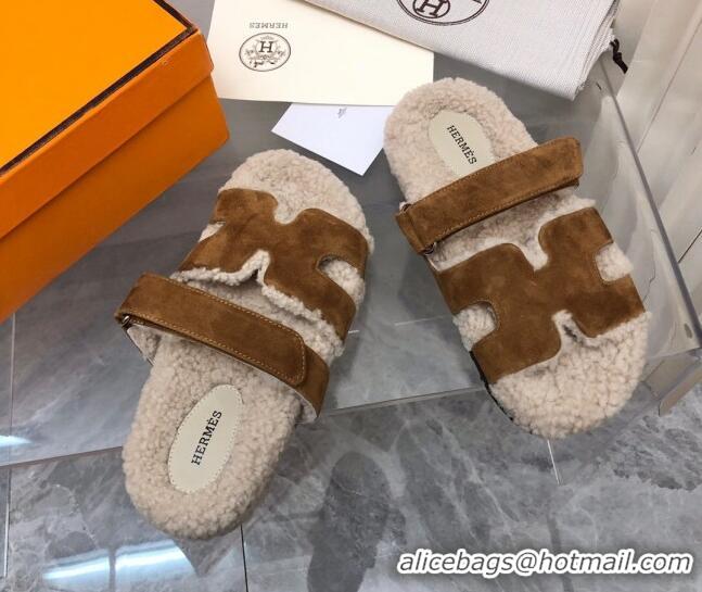 Good Quality Hermes Chypre Shearling and Suede Flat Sandals Brown 092197