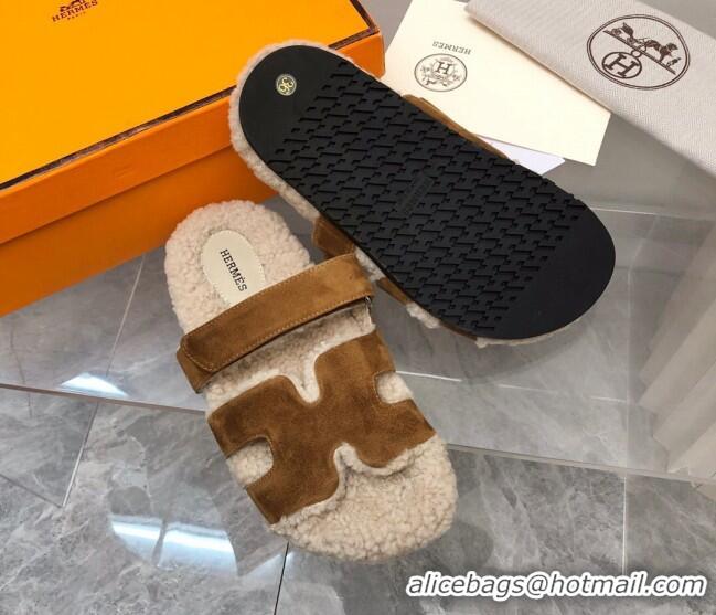 Good Quality Hermes Chypre Shearling and Suede Flat Sandals Brown 092197