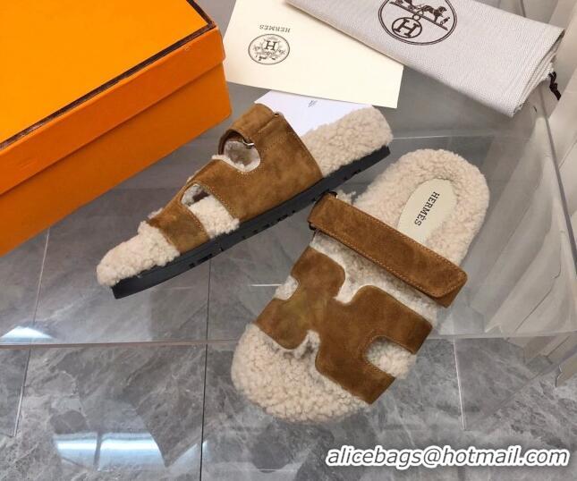 Good Quality Hermes Chypre Shearling and Suede Flat Sandals Brown 092197