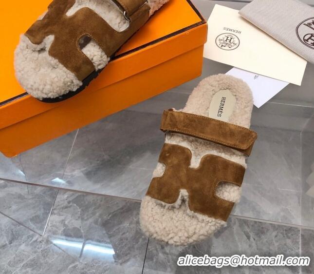 Good Quality Hermes Chypre Shearling and Suede Flat Sandals Brown 092197