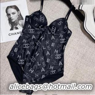 Inexpensive Chanel Crystal Logo Swimwear 0214 Black 2023